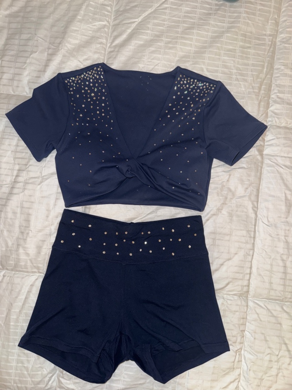 Hand Rhinestoned Sports Bra and Navy High Waisted Polyester Dance Shorts Women